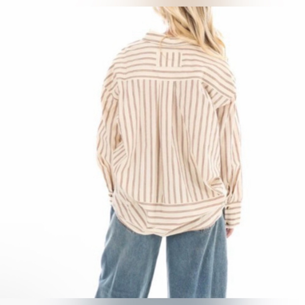 Free People Varsity Vibes Stripe Oversize Cotton Button-Up Shirt LG NWT - Picture 2 of 9
